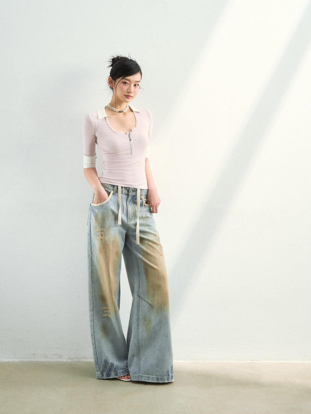 VIA PITTI VIAAP855 Washing and color blocking damage denim pants