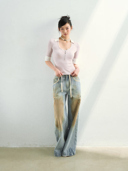 VIA PITTI VIAAP855 Washing and color blocking damage denim pants