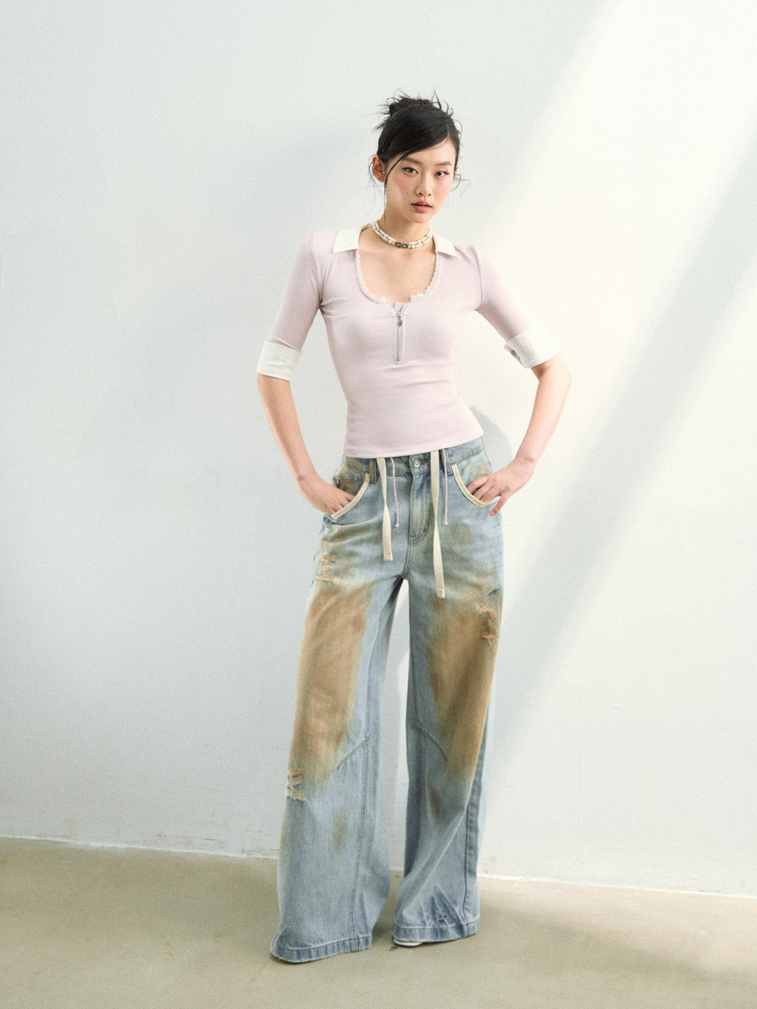 VIA PITTI VIAAP855 Washing and color blocking damage denim pants