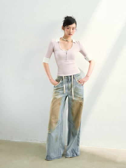 VIA PITTI VIAAP855 Washing and color blocking damage denim pants