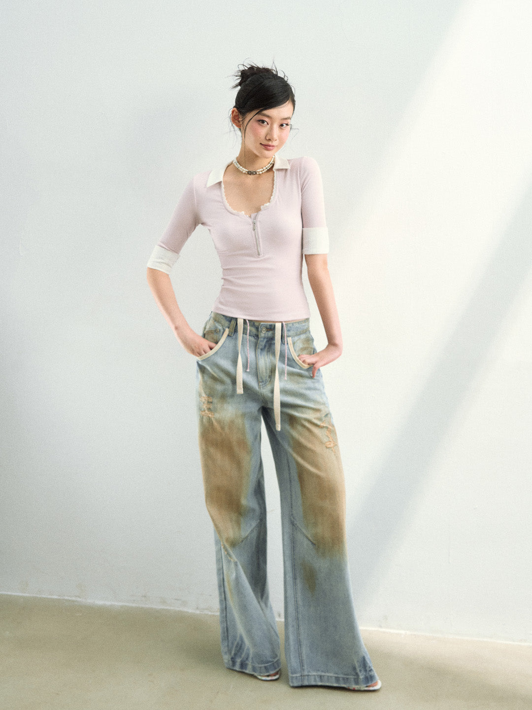 VIA PITTI VIAAP855 Washing and color blocking damage denim pants