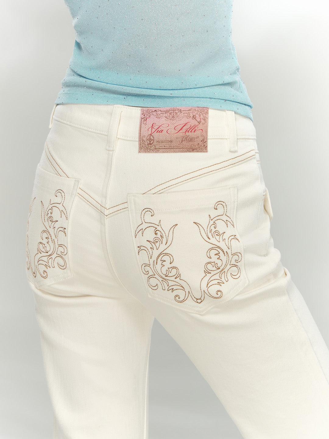 VIA PITTI VIAAP854 Bamboo patterned slim fit white denim pants