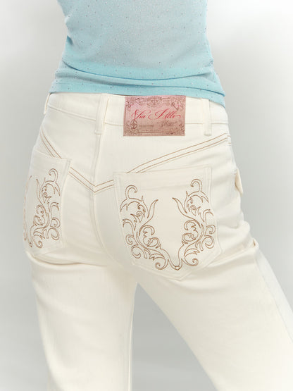 VIA PITTI VIAAP854 Bamboo patterned slim fit white denim pants