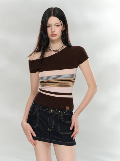 VIA PITTI VIABK6017 Slanted shoulder striped contrasting woolen short sleeved shirt