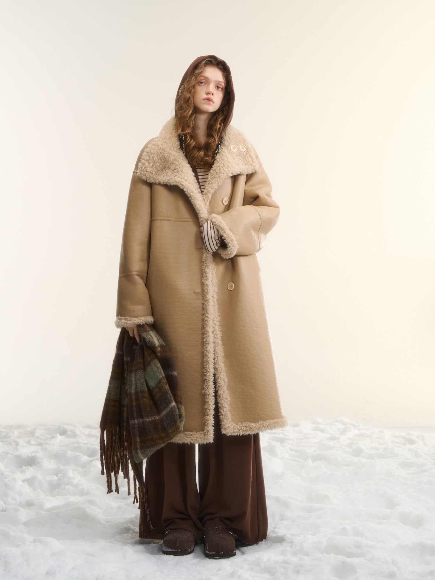 AsGony ASG25560 Two sided wool fur integrated mid length jacket