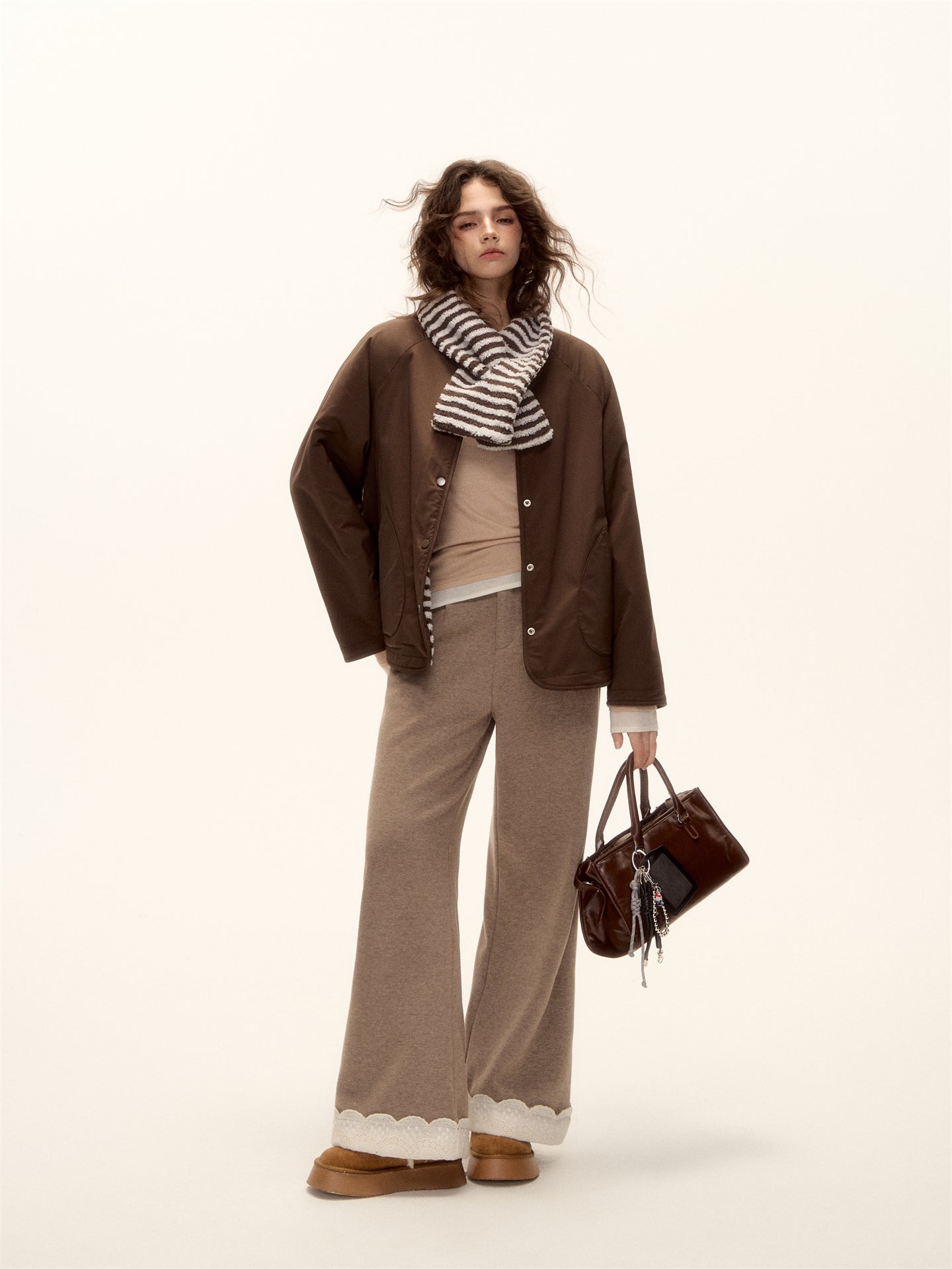 AsGony ASG25458 Double sided striped scarf lamb wool jacket