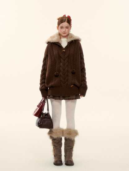 AsGony ASG25619 Detachable wool collar needle twisted pullover sweater