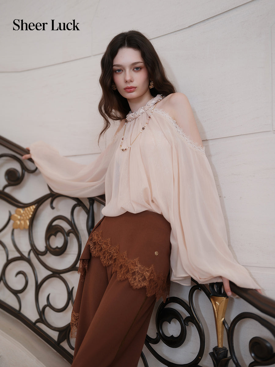 SHEERLUCK SLKZ26722 Dune Lace-Panel Tailored Trousers-Mocha Brown