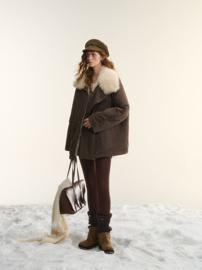 AsGony ASG25568 Sleeves pleated large lapel drawstring loose parka jacket