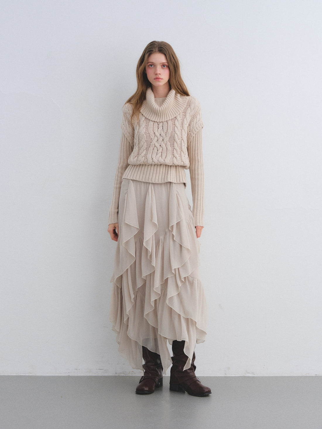 AsGony ASG25681&amp;ASG25677 Wool fake two high necked sweaters + skirt set