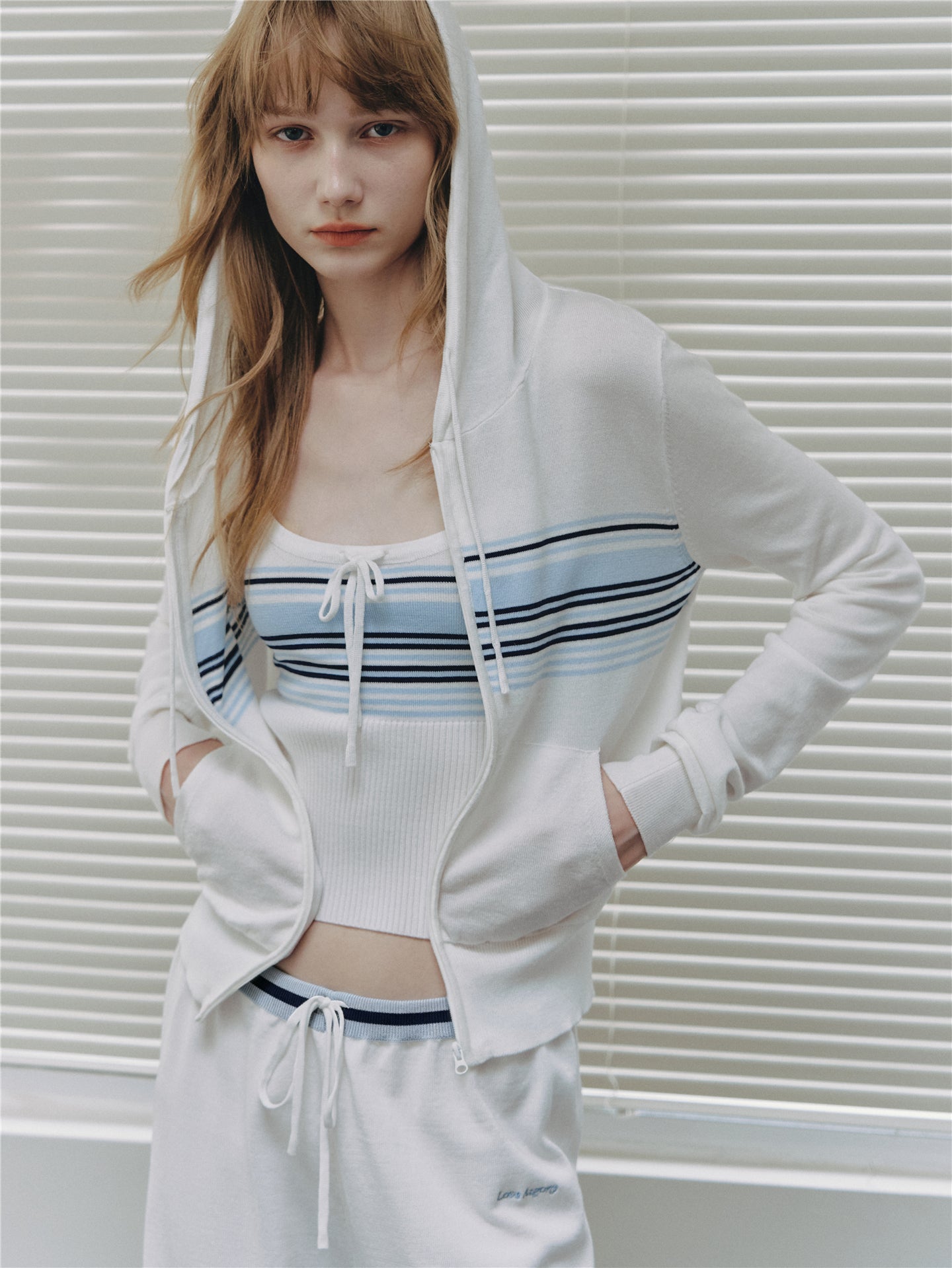 Asgony ASG26502 Contrast Stripe Knit Hooded Cardigan+ASG26503 Camisole+ ASG26504 Straight Pants
