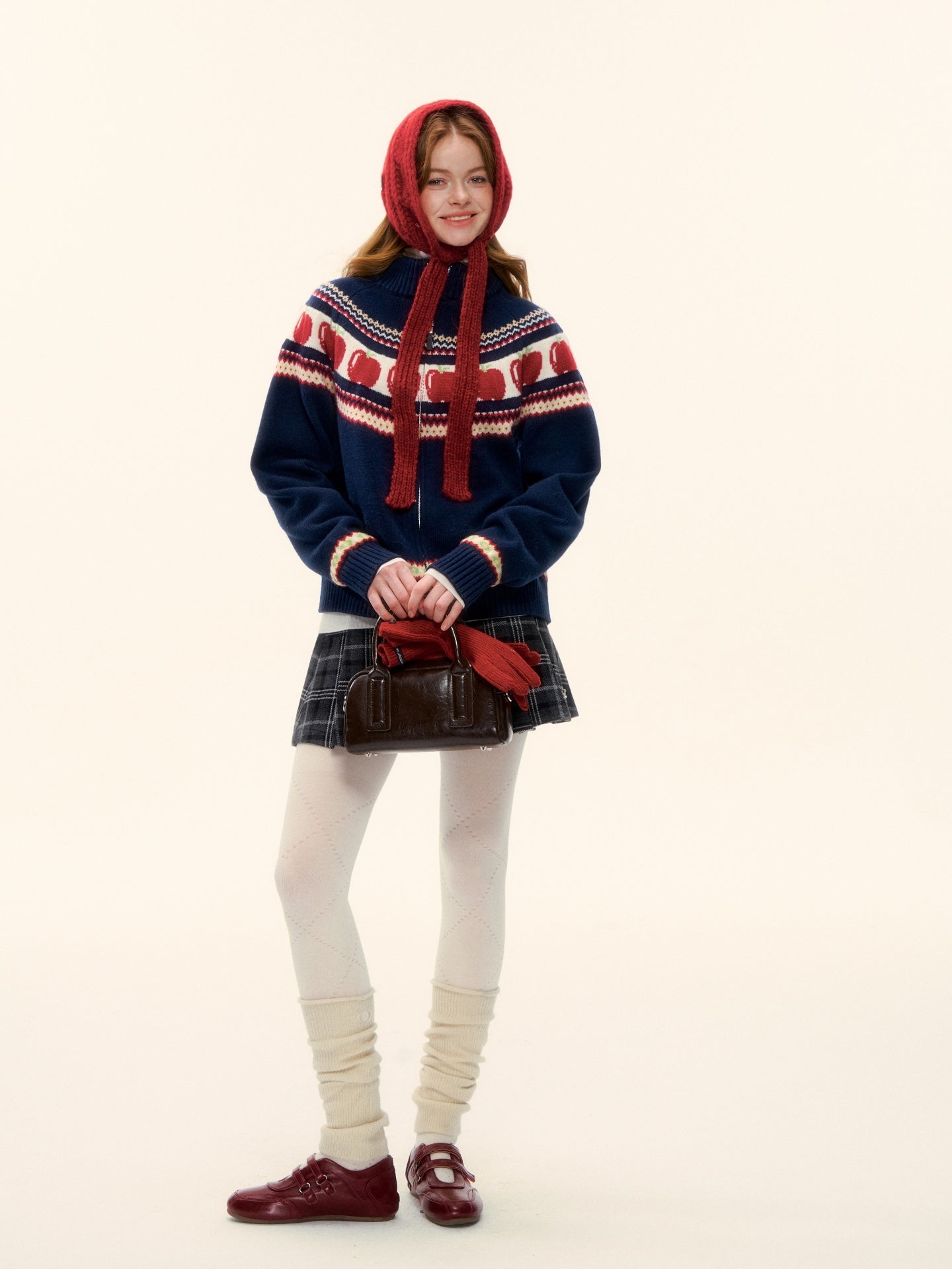 AsGony ASG25626 Wool Fel Island Jacquard Zipper Knitted Sweater Jacket