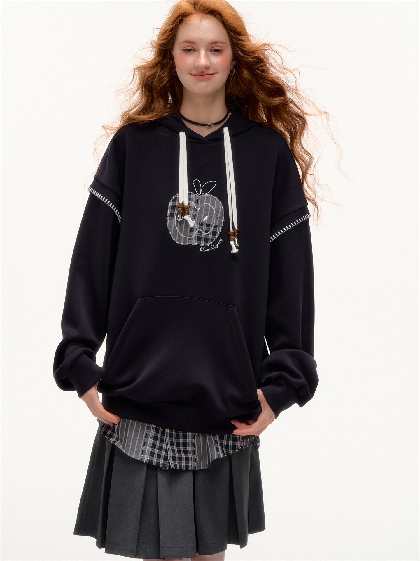 AsGony ASG25369 Apple sticker embroidered fake two hooded hoodies