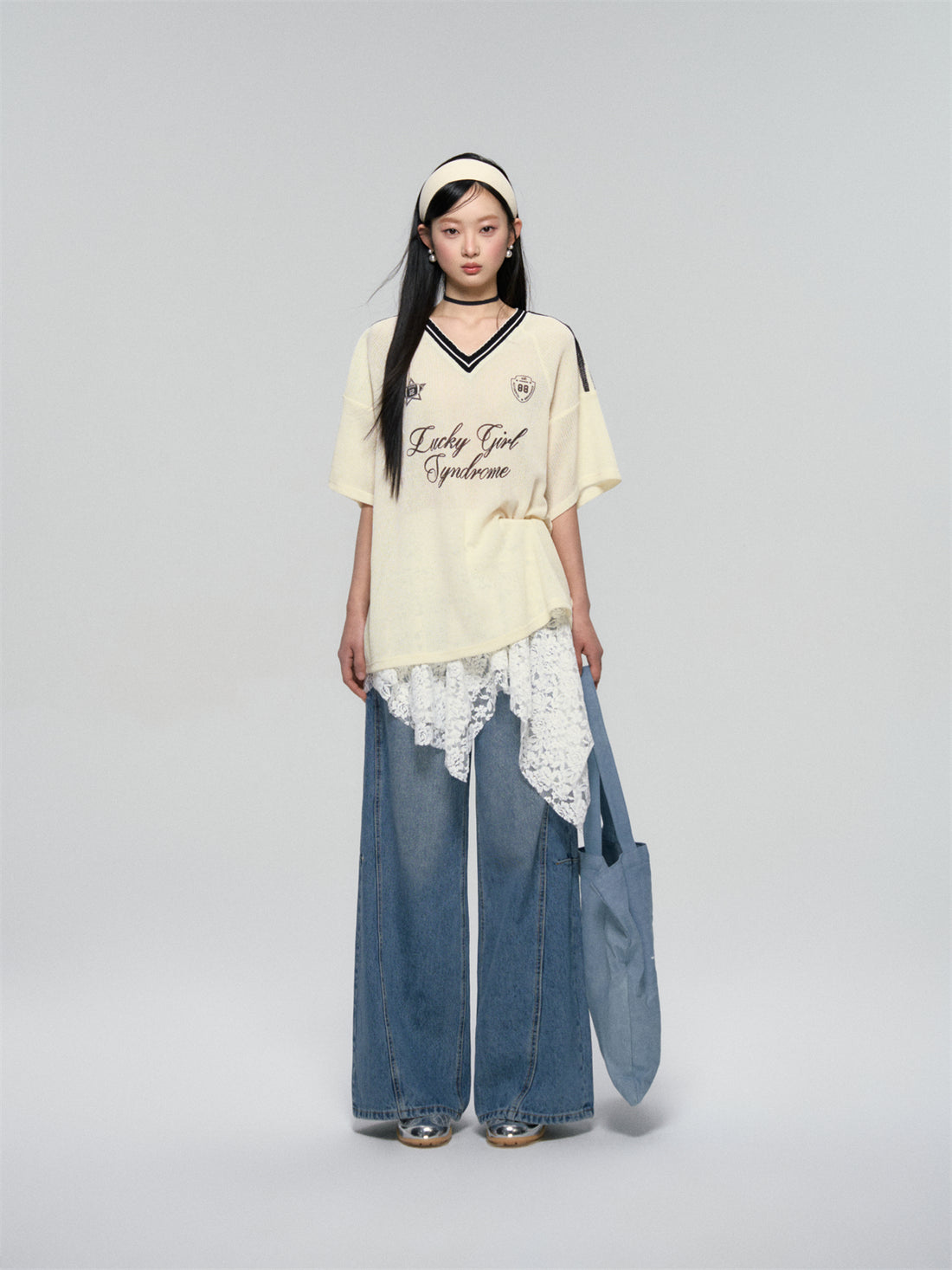 AsGony ASG25080 Jersey style contrasting ribbon T-shirt (2color)