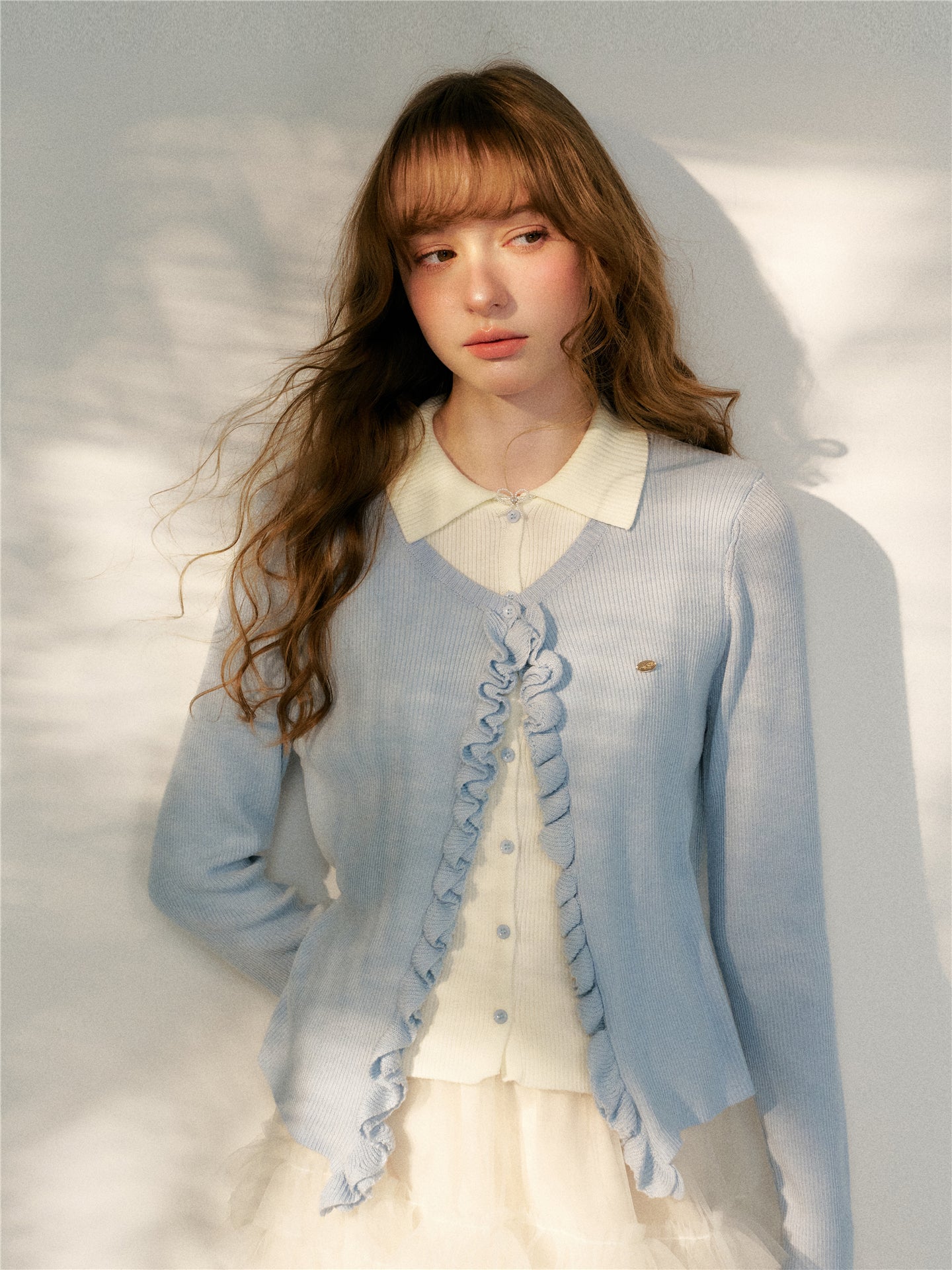 16DEWS 16D26124 Fake two piece lace collared knitted sweaters