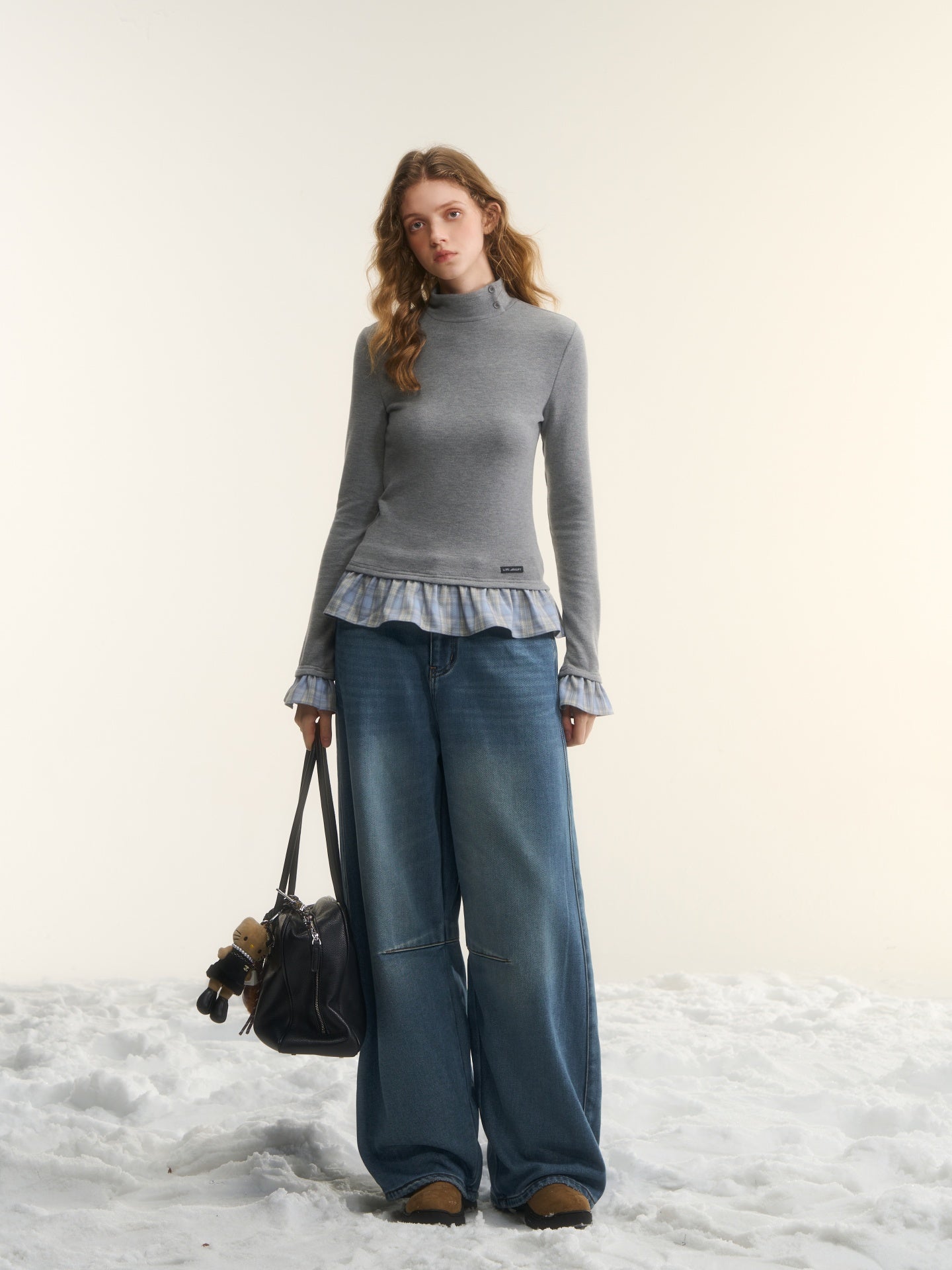 AsGony ASG25561 Wool stand collar with grid splicing and slim fit base top