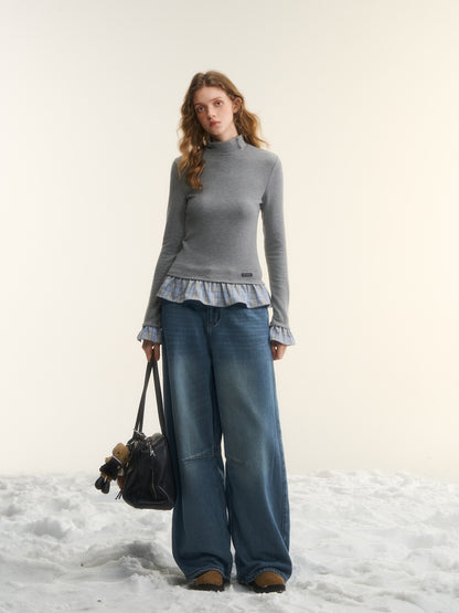 AsGony ASG25561 Wool stand collar with grid splicing and slim fit base top