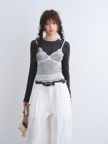 AsGony ASG26013 Fake two lace patchwork long sleeved base T-shirt