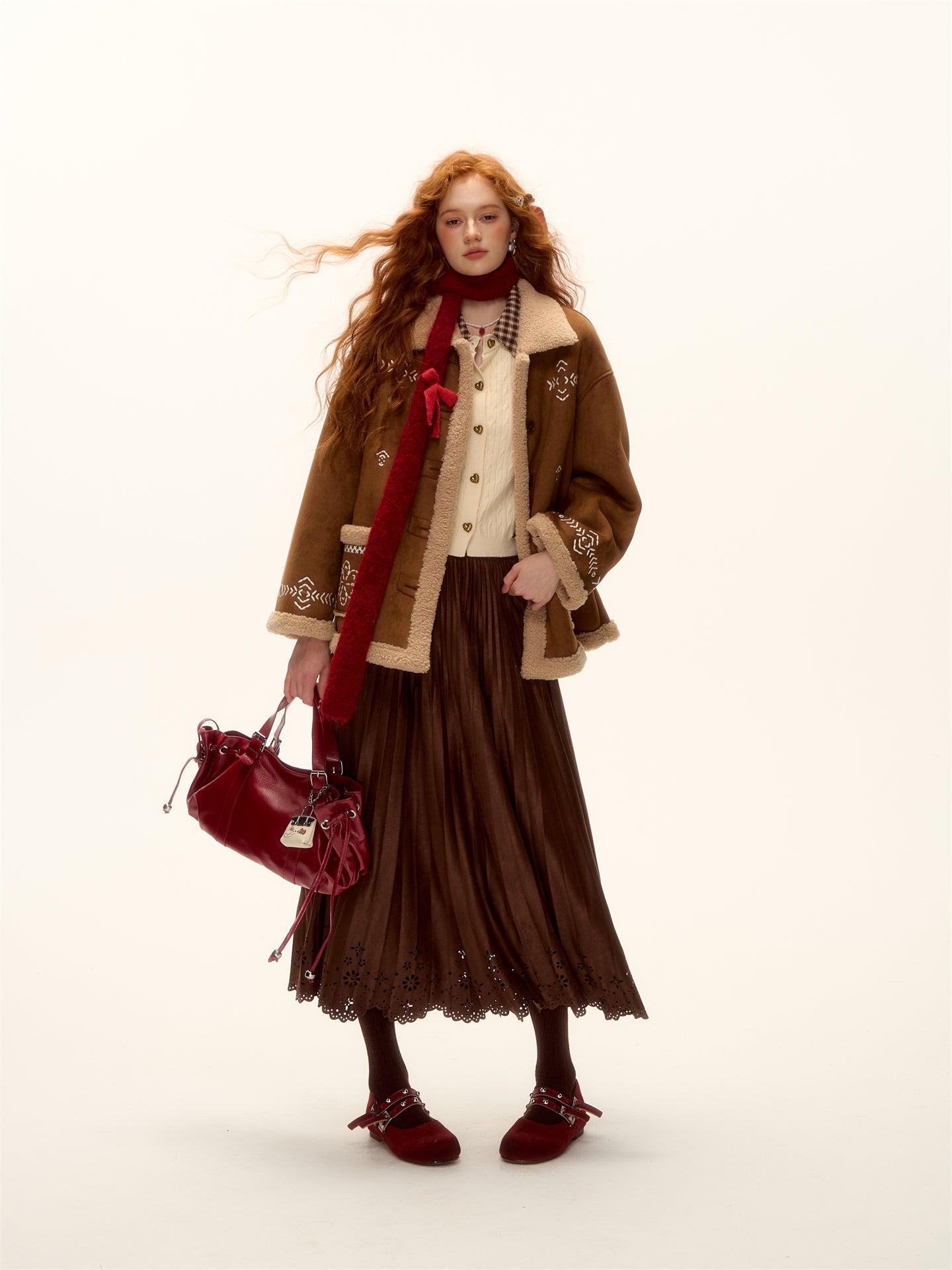 AsGony ASG25457 Embroidered fur lamb coat