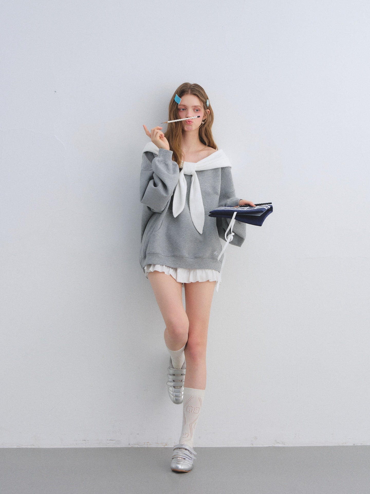 AsGony ASG25643 Rabbit ear one shoulder hooded sweatshirt