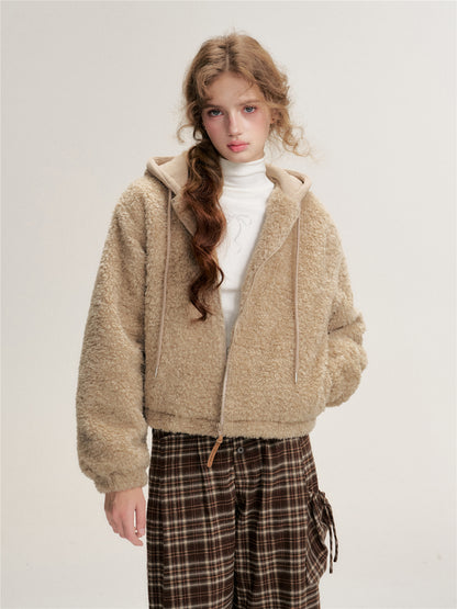 16DEWS 16D25468 Fake two piece hooded spliced fur short jacket