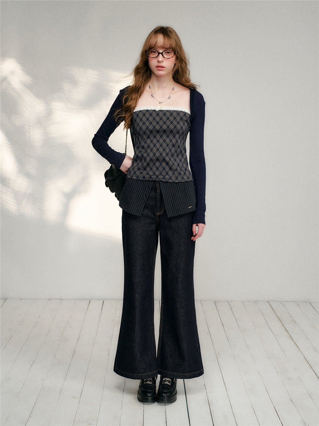 16DEWS 16D26133&amp;16D26134 Lace plaid patchwork camisole top + pants