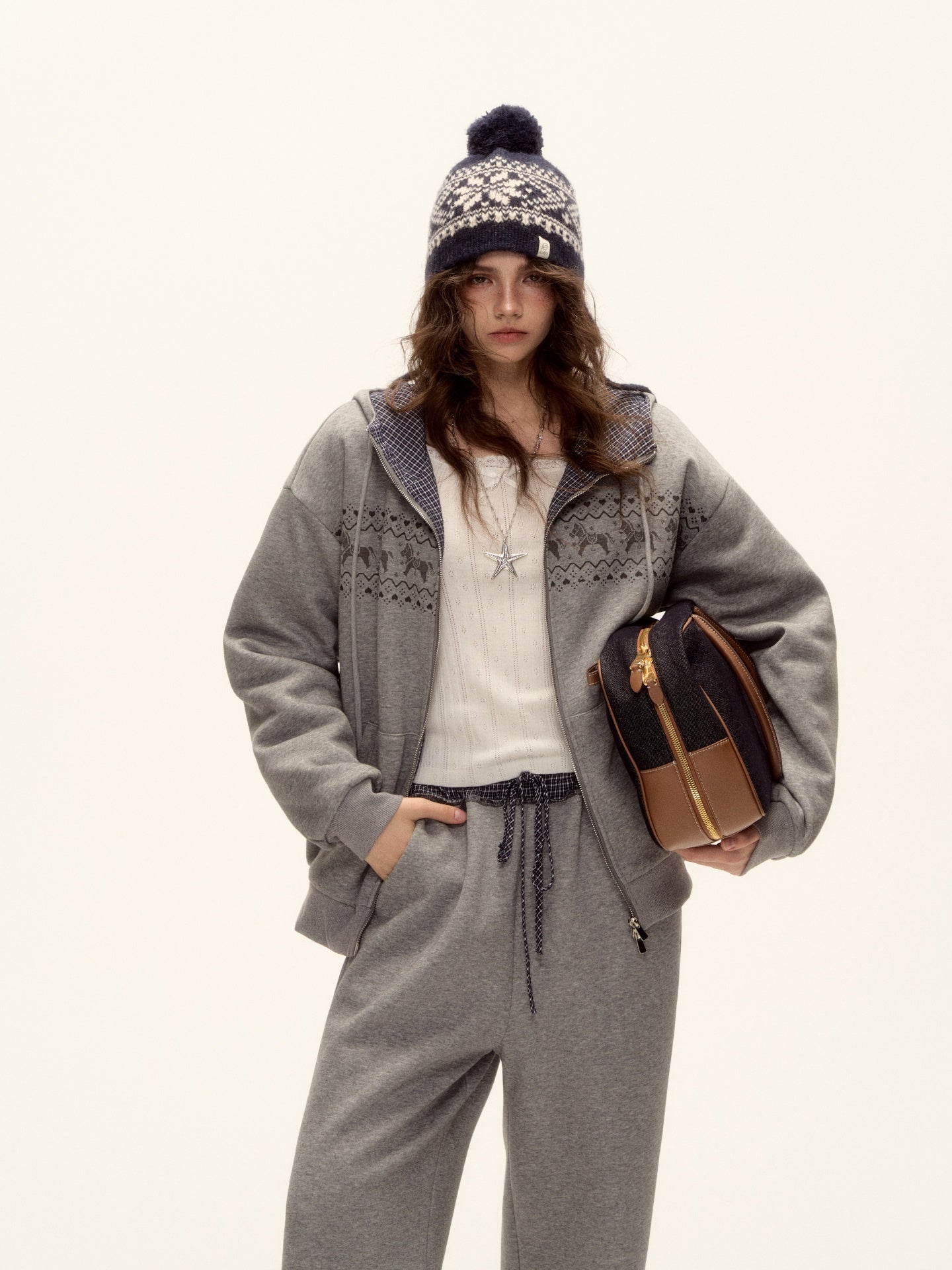 AsGony ASG25498&amp;ASG25499 Fel Island printed hooded jacket + pants set