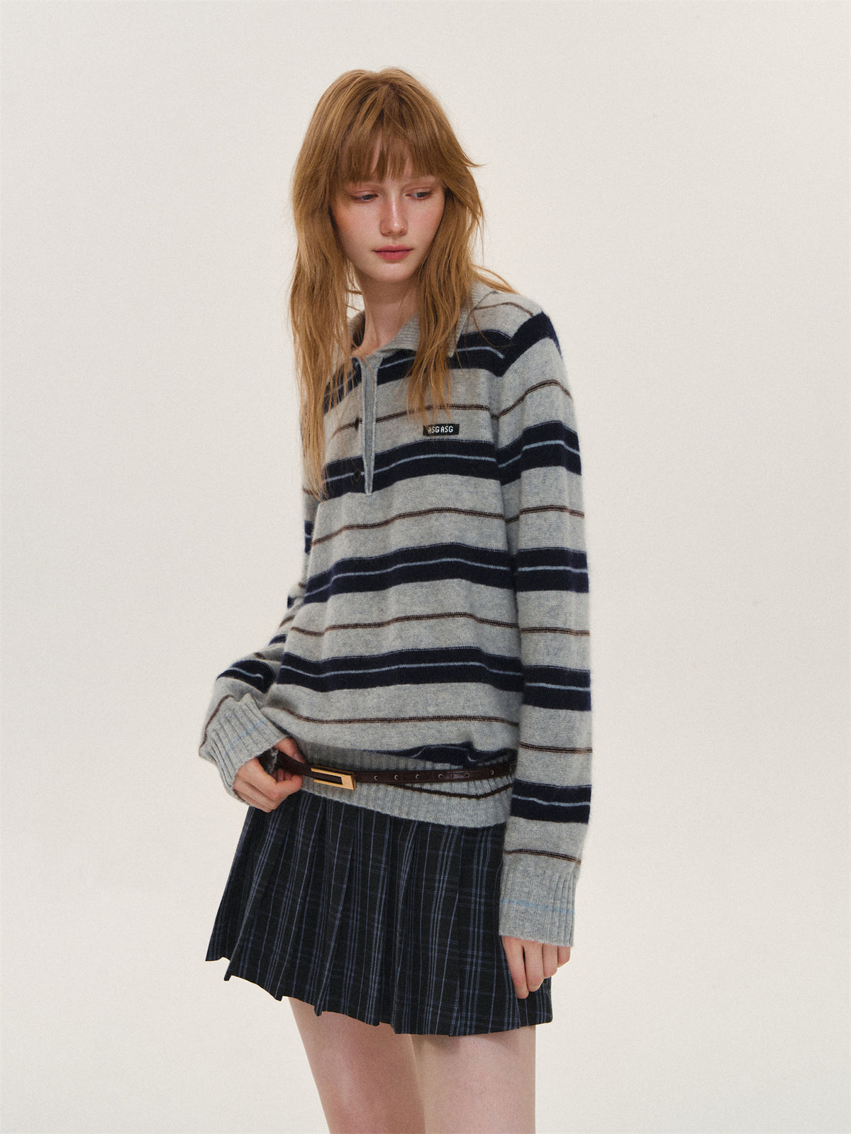 Asgony ASG26597 Striped Collared Knit Polo Shirt
