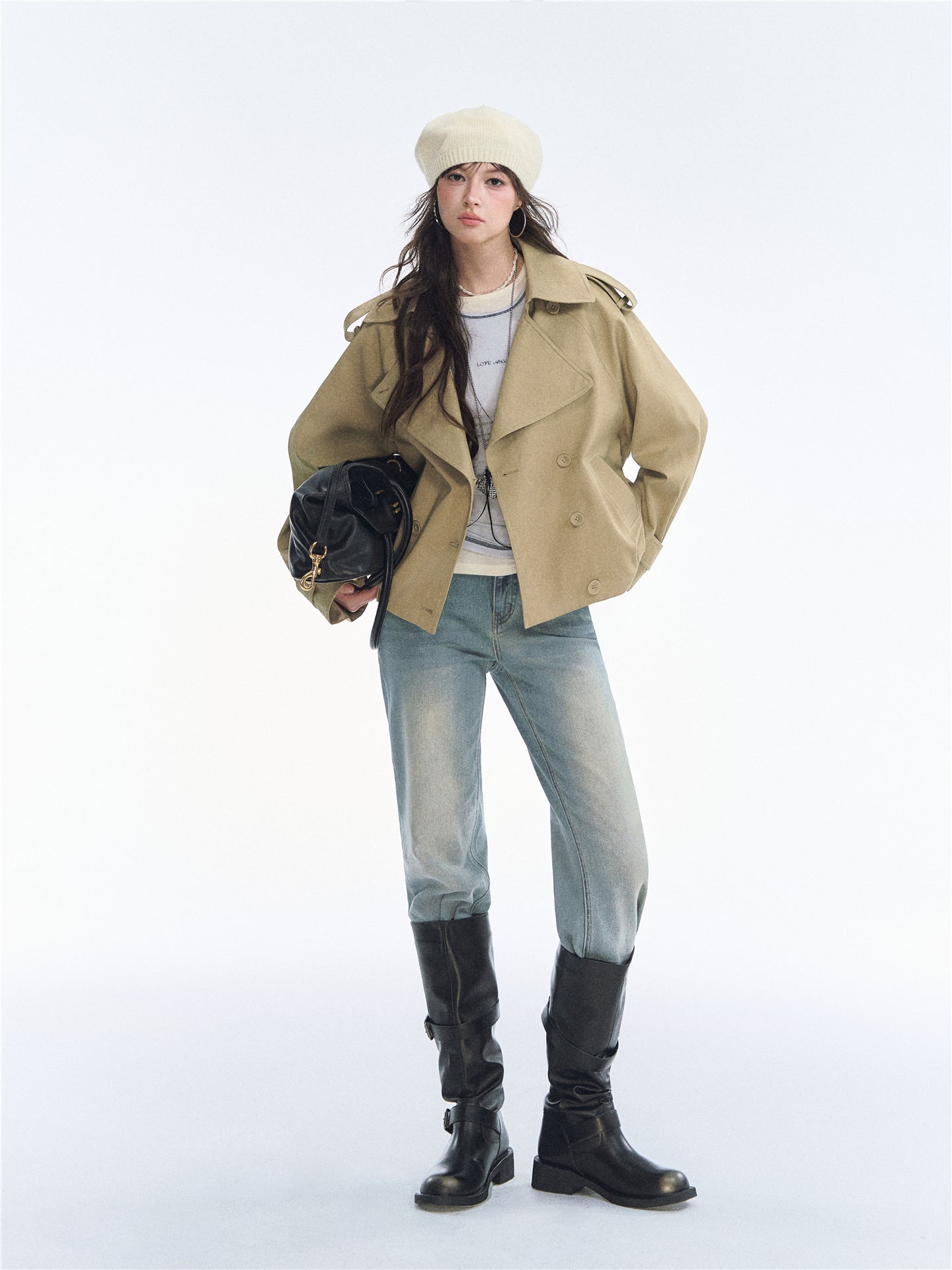 Asgony ASG26553 Tulip Stand Collar Double-Breasted Trench Coat