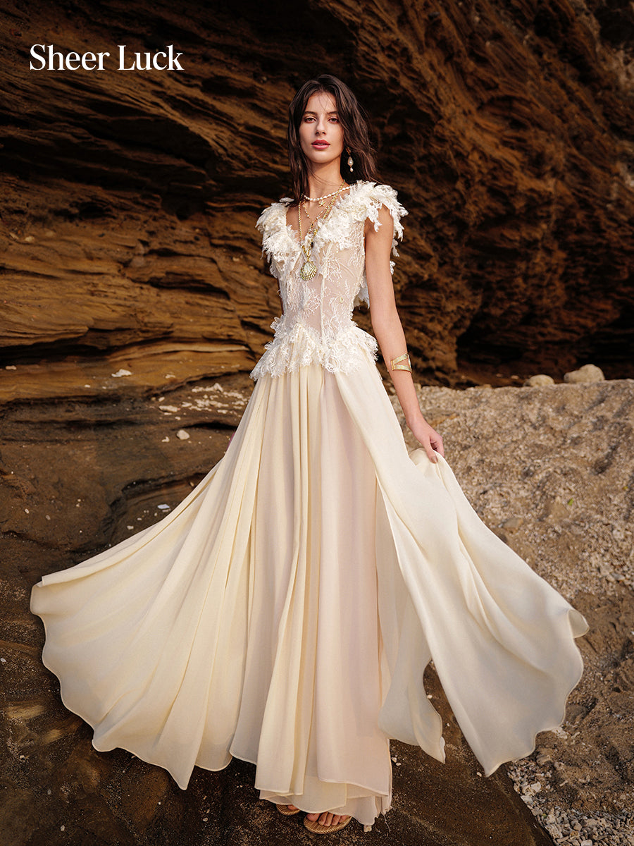 SHEERLUCK SLLYQ26404 Lace patchwork deep V-high slit dress