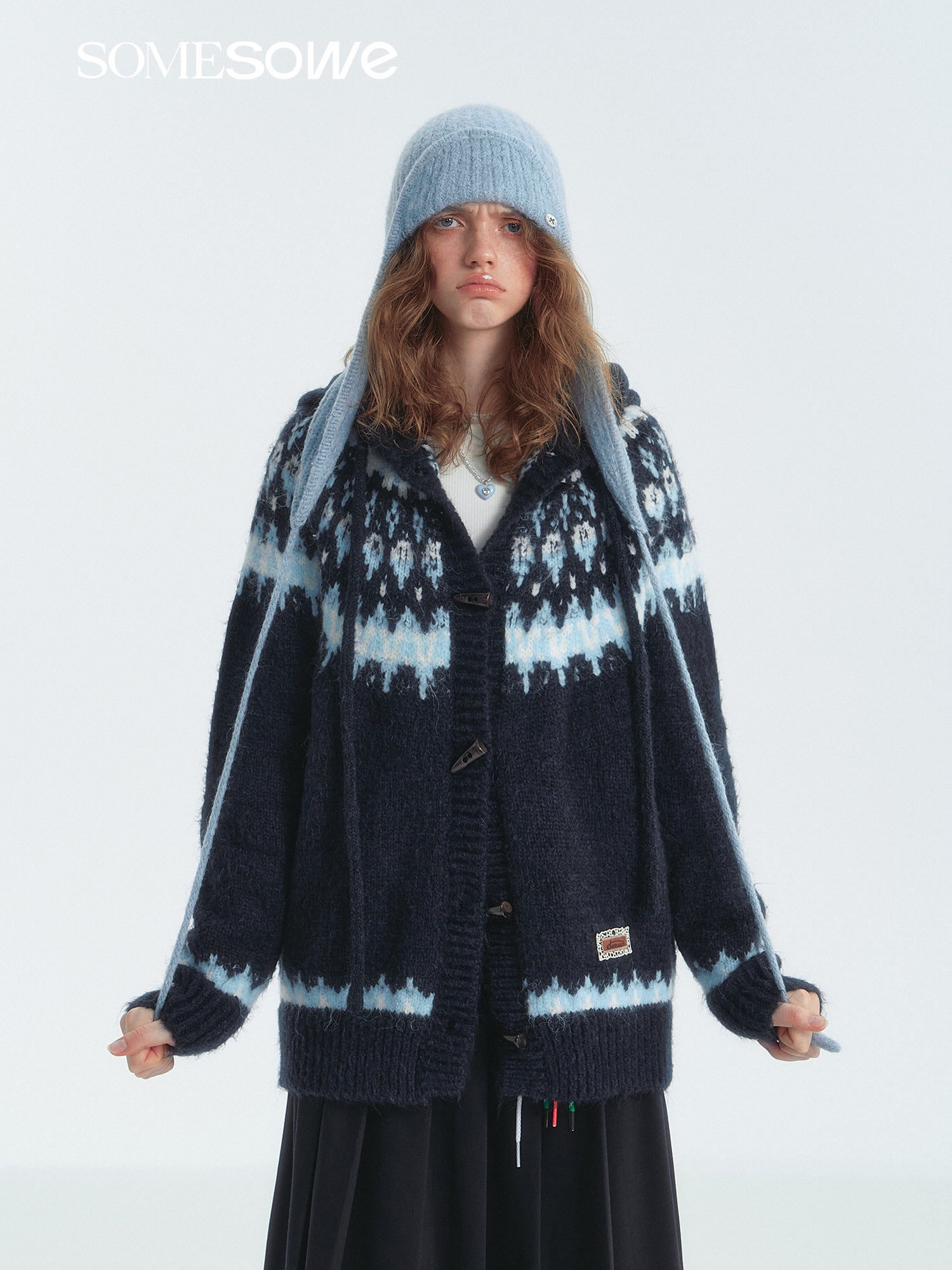 SOMESOWE S2407294 Fair Isle hooded cardigan(2colors)