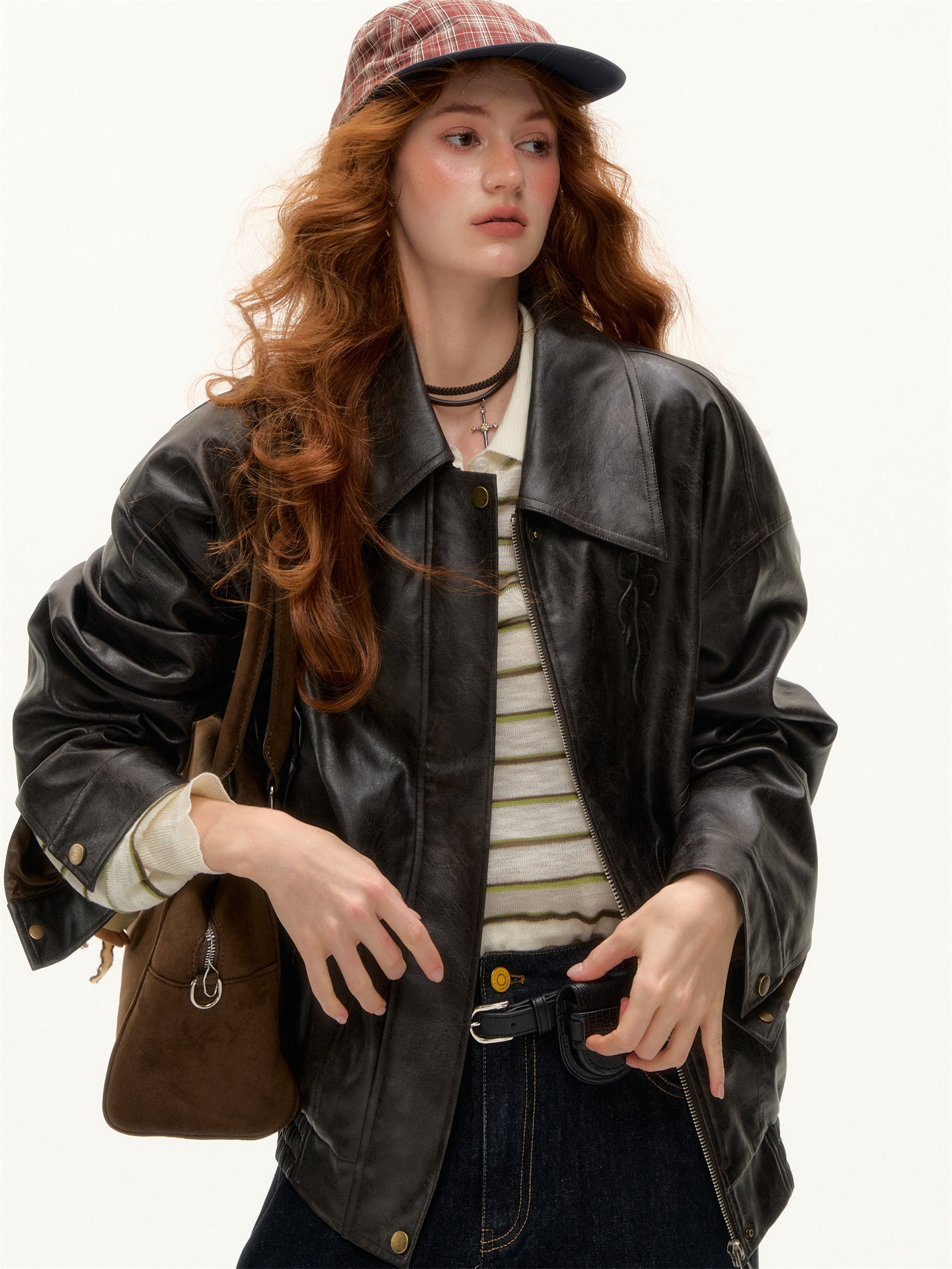AsGony ASG25389 Bow collar loose jacket leather jacket