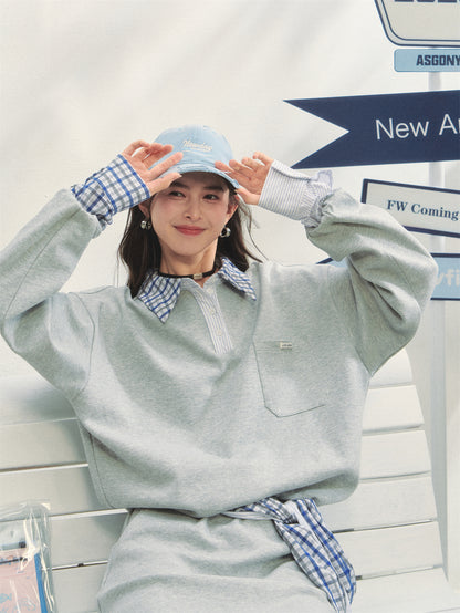 AsGony ASG25307&amp;ASG25308 Checkered shirt patchwork hoodie + skirt set