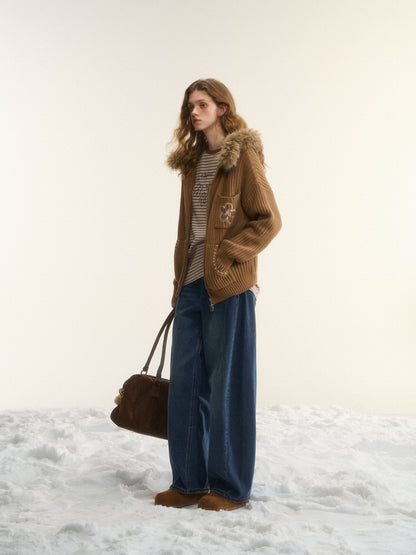 AsGony ASG25552 Detachable fur collar texture embroidered knit cardigan