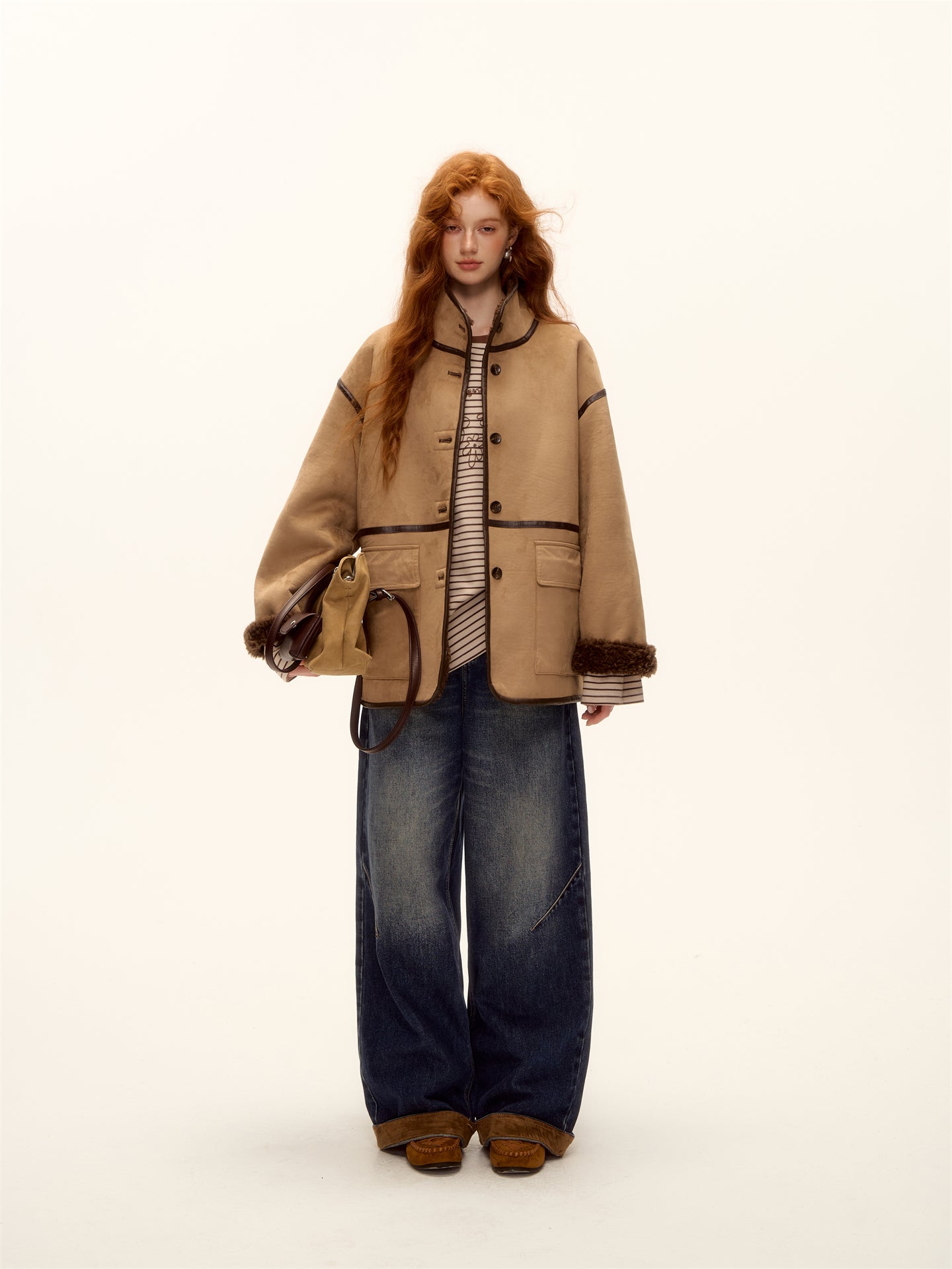 AsGony ASG25469 Double sided fur integrated suede lamb coat