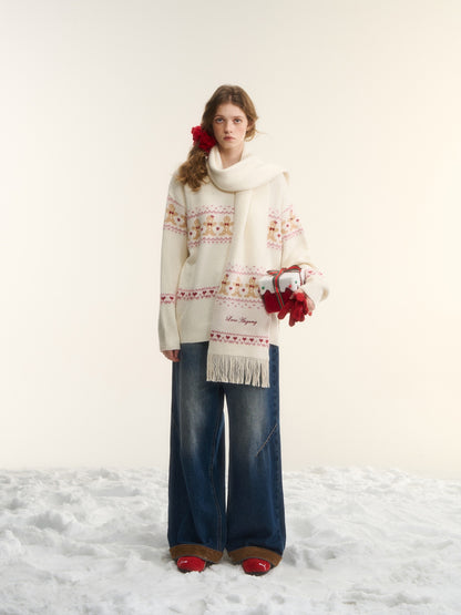 AsGony ASG25544 Fair Isle jacquard sweater and scarf set