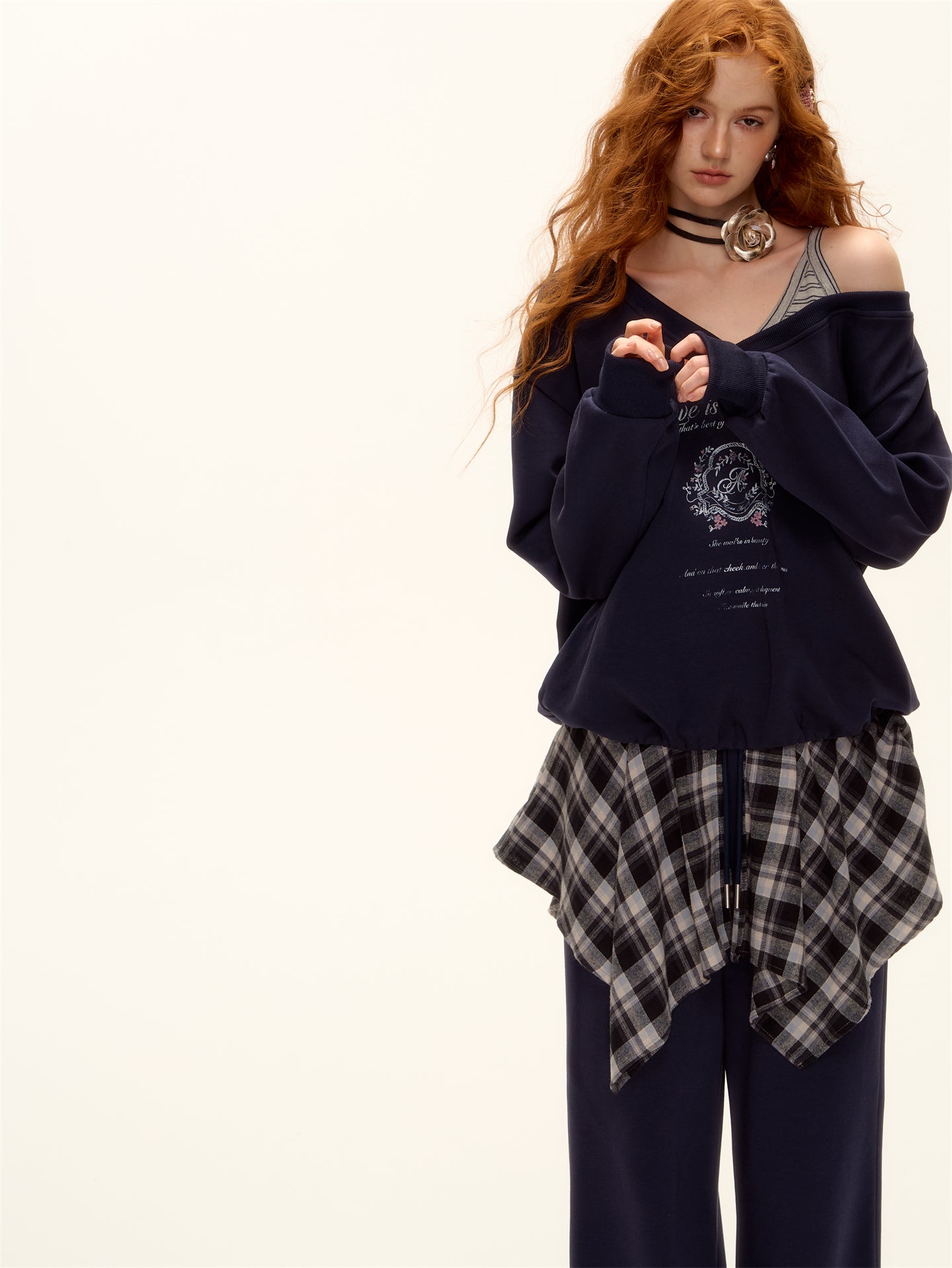 AsGony ASG25504&amp;ASG25505 Oversized striped patchwork printed sweatshirt + pants set
