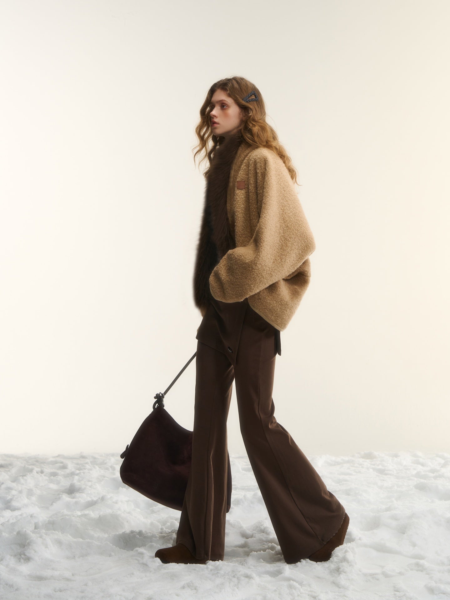 AsGony ASG25539 Wool collar cocoon shaped cardigan shawl jacket