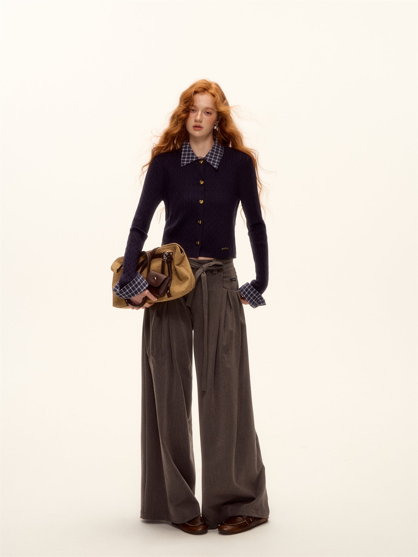 AsGony ASG25485 Wool plaid patchwork shirt collar twisted knit sweater