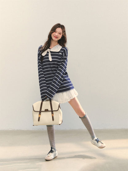 AsGony ASG25318 Striped tie with loose T-shirt