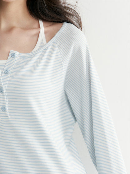 16DEWS 16D26028&amp;16D26029&amp;16D26030 Striped round neck top+tank top+micro flared casual pants