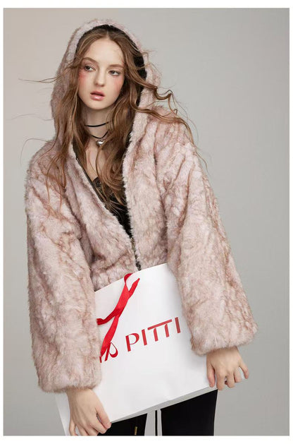 VIA PITTI V24DC261 Reversible wear furry hoodie coats(2color)