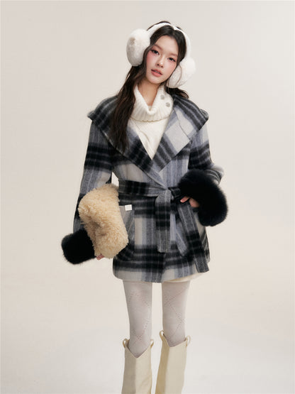 16DEWS 16D25456 Plaid hooded double-sided wool coat