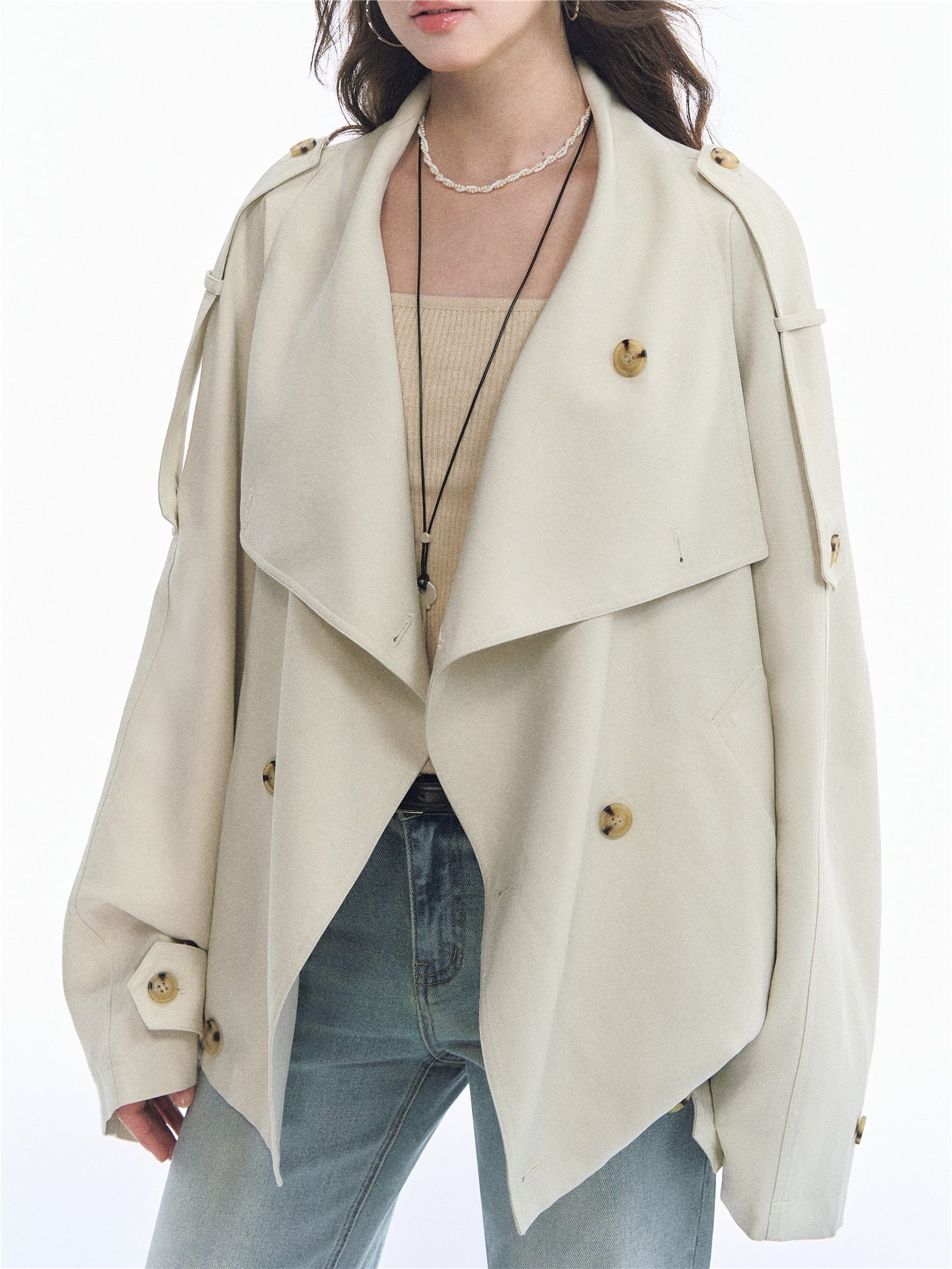 Asgony ASG26527 Oversized Collar Relaxed Button Trench Jacket