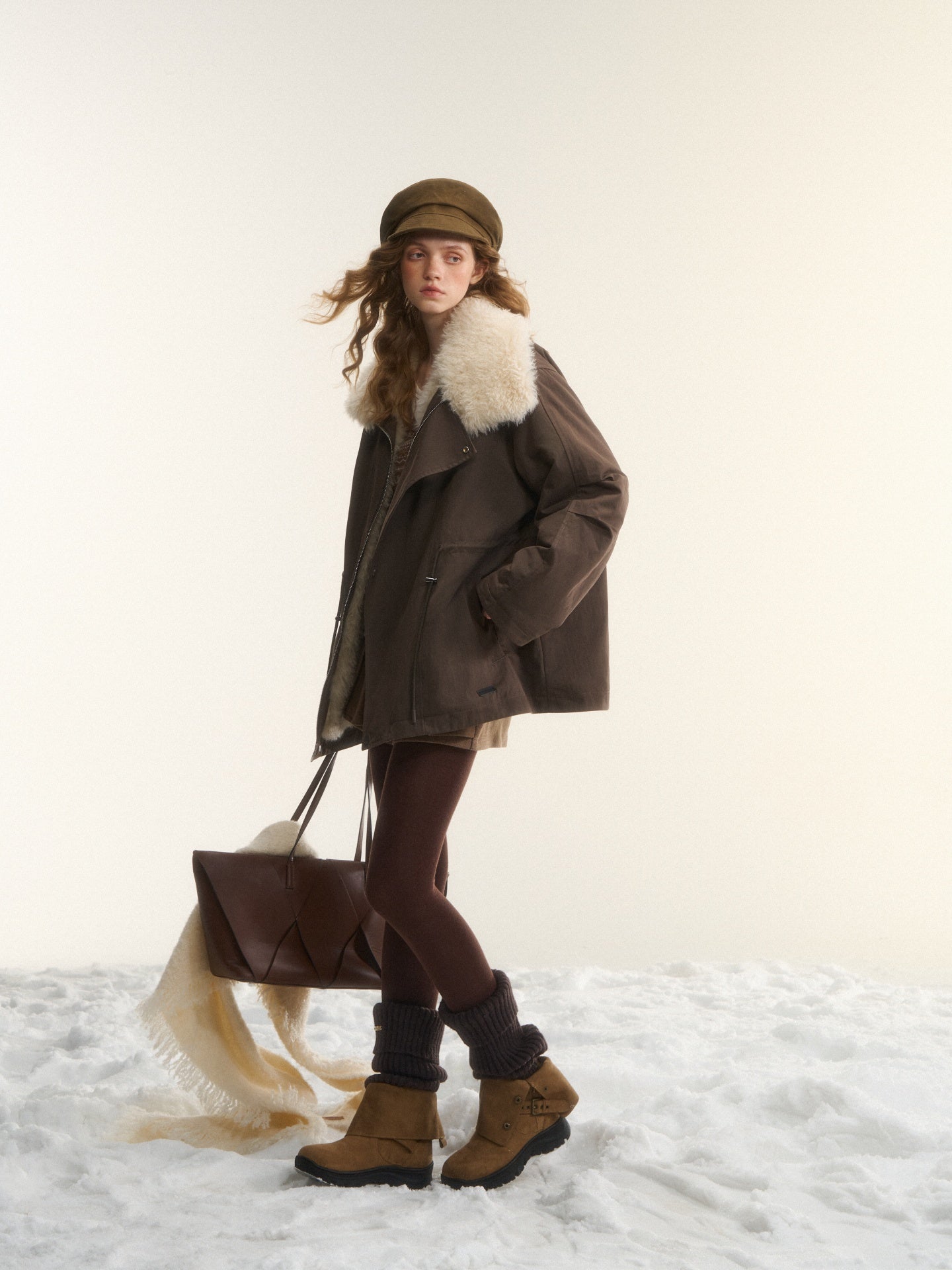 AsGony ASG25568 Sleeves pleated large lapel drawstring loose parka jacket