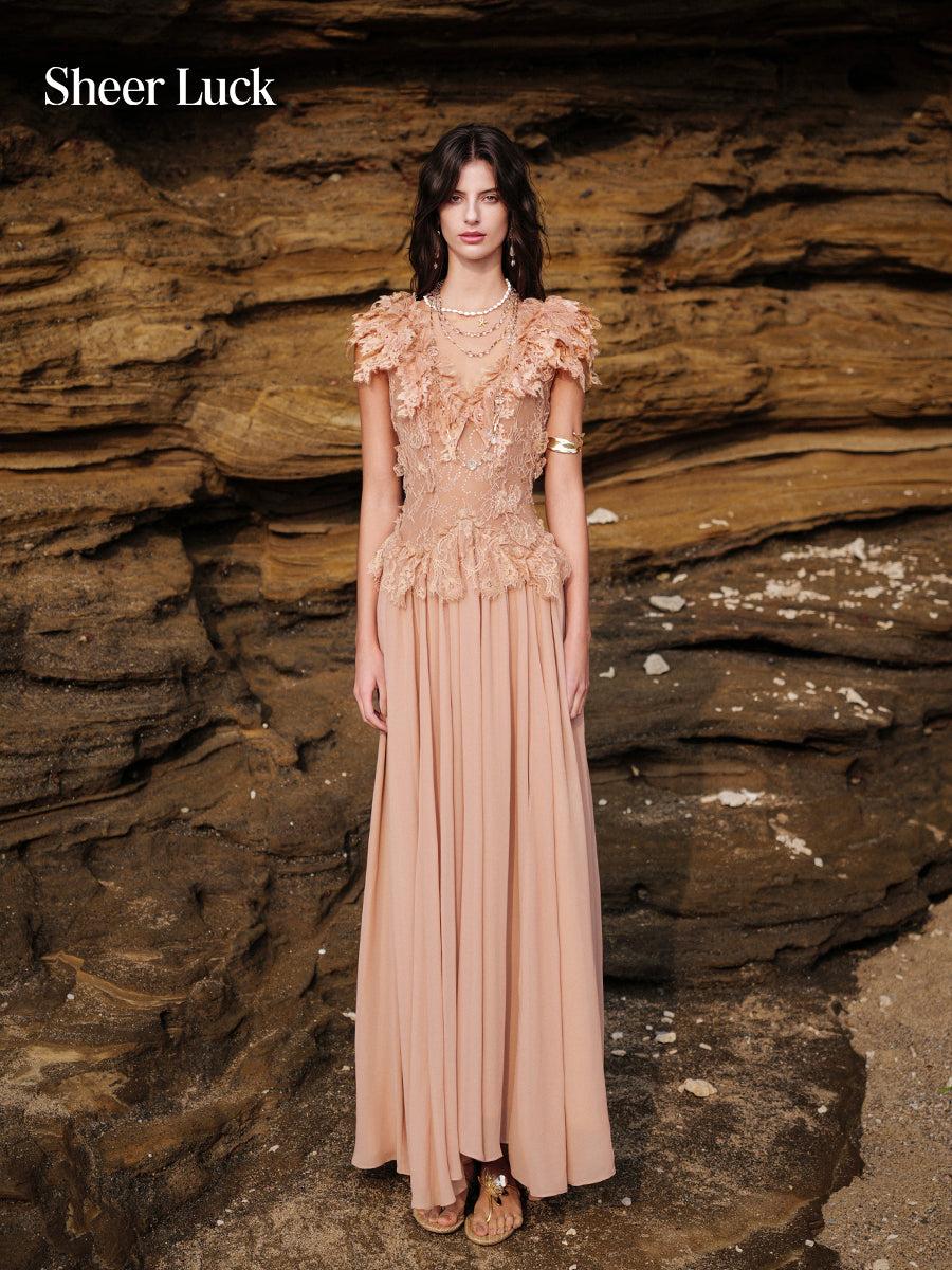 SHEERLUCK SLLYQ26404 Lace patchwork deep V-high slit dress