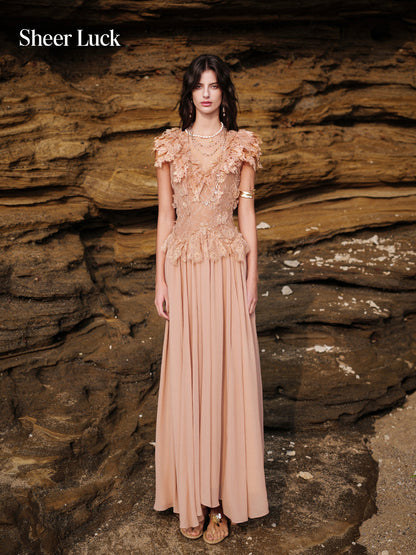 SHEERLUCK SLLYQ26404 Lace patchwork deep V-high slit dress