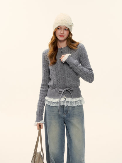 AsGony ASG25622 Lace hem patchwork knit sweater