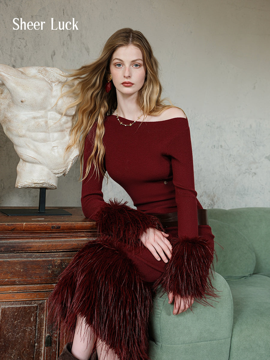 SHEERLUCK SLLYQ25506 Retro off shoulder knitted dress