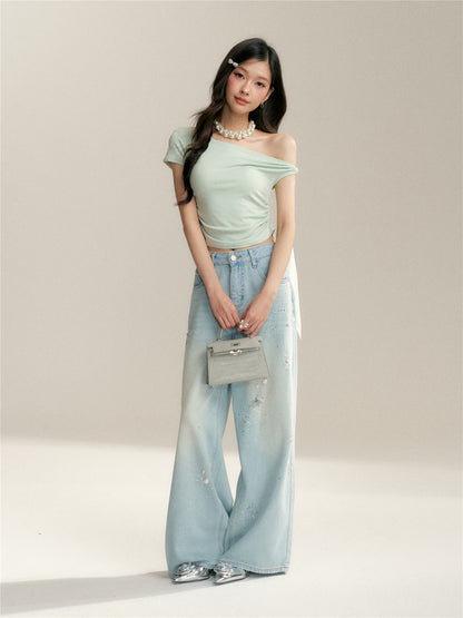 16DEWS 16D246060 Twisted ribbon slanted shoulder slim fit short sleeved T-shirt